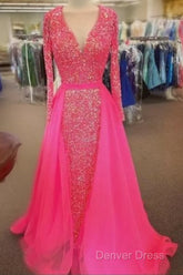 Pink Sequin Prom Dresses Long Sleeves V Neck Evening Gowns With Train