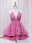 Pink Sequins Deep V Neck Backless Homecoming Dresses