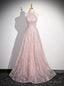 Pink Sequins Halter Backless Beading Prom Dresses