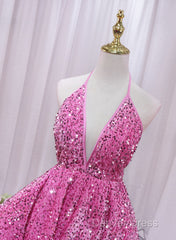 Pink Sequins Halter Backless Short Homecoming Dresses, Pink Short Prom Dresses