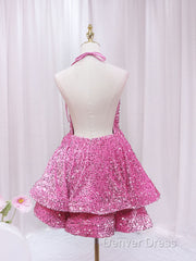 Pink Sequins Halter Backless Short Homecoming Dresses, Pink Short Prom Dresses