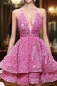 Pink Sequins Halter Backless Short Homecoming Dress, Pink Short Prom Dresses