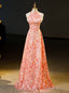 Pink Sequins High Neck Beading Prom Dresses