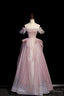 Pink Sequins Long A Line Prom Dress, Off the Shoulder Prom Dresses