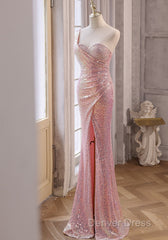 Pink Sequins Mermaid Sweetheart Long Prom Dresses, Pink Sequins Evening Dresses