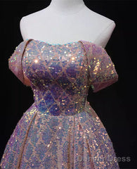 Pink Sequins Off Shoulder A-Line Long Prom Dress, Sequins Evening Dress