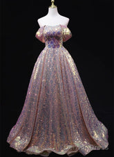 Pink Sequins Off Shoulder A-Line Long Prom Dress, Sequins Evening Dress