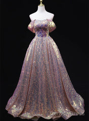 Pink Sequins Off Shoulder A-Line Long Prom Dress, Sequins Evening Dress