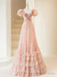 Pink Sequins Short Sleeve Velvet Short Sleeve Prom Dresses