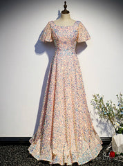 Pink Sequins Square Puff Sleeve Prom Dress