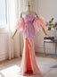 Pink Sequins Strapless Split Prom Dresses