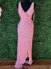 Pink Sequins V-neck Split Prom Dress