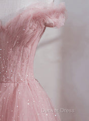 Pink Shiny Tulle Beaded Off Shoulder Long Party Dresses, Pink Tulle Formal Dresses