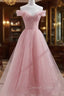 Pink Shiny Tulle Beaded Off Shoulder Long Prom Dress, Pink Tulle Prom Dresses