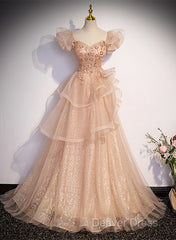 Pink Shiny Tulle Sweetheart Long Layers Party Dresses, A-Line Pink Tulle Formal Dresses Prom Dresses