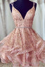 Pink Short Homecoming Dress Sequined Prom Dress V Neck Prom Dresses