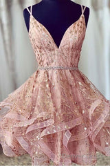 Pink Short Homecoming Dresses Sequined Party Dress V-Neck Evening Dress