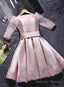 Pink Short Satin With Lace Round Neckline Wedding Party Dresses, Pink Cute Homecoming Dress