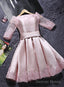 Pink Short Satin With Lace Round Neckline Wedding Prom Dress, Pink Cute Homecoming Dresses