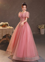 Pink Short Sleeves Beaded Tulle Long Formal Dress, Pink Tulle Prom Dress Evening Dress