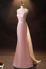 Pink Simple Mermaid Straps Long Evening Dresses, Pink Formal Dresses Prom Dresses