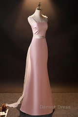 Pink Simple Mermaid Straps Long Evening Dresses, Pink Formal Dresses Prom Dresses