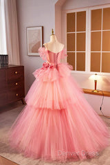 Pink Spaghetti Strap Tulle Long Prom Dresses, Beautiful A-Line Formal Sweet 16 Dresses