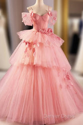 Pink Spaghetti Strap Tulle Long Prom Dresses, Beautiful A-Line Formal Sweet 16 Dresses