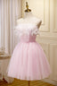 Pink Spaghetti Strap Tulle Short Prom Dress with Feather, Pink Prom Dresses