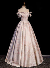 Pink Statin Off Shoulder Floral Long Party Dresses, Pink Sweetheart Prom Dresses Evening Dresses