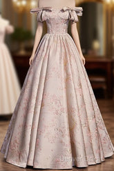 Pink Statin Off Shoulder Floral Long Party Dresses, Pink Sweetheart Prom Dresses Evening Dresses