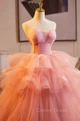Pink Strapless Tulle Layers Ruffles Long Prom Evening Dresses, Pink Sweet 16 Dresses