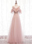 Pink Straps Lace Top Tulle Off Shoulder Prom Dress, Pink A Line Prom Dresses