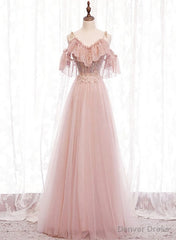 Pink Straps Lace Top Tulle Off Shoulder Party Dresses, Pink A-line Formal Dresses