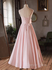 Pink Straps Sweetheart Long Satin Wedding Party Dresses, Pink Formal Dresses Prom Dresses