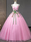 Pink Straps Tulle Sweetheart Ball Gowns with Flowers, Pink Prom Dress