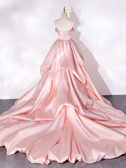 Pink Sweep Train Satin Long Prom Dress, Pink Formal Evening Dresses