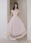 Pink Sweetheart Beaded Tea Length Tulle Homecoming Dress, Pink Tulle Short Prom Dresses