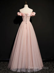 Pink Sweetheart Beaded Tulle Long Prom Dresses, A-Line Pink Evening Dresses