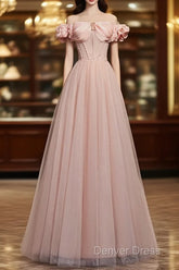 Pink Sweetheart Beaded Tulle Long Prom Dresses, A-Line Pink Evening Dresses
