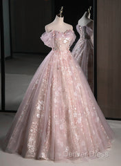 Pink Sweetheart Floral Lace And Tulle Prom Dresses, Pink Sweetheart Long Party Dresses