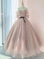 Pink Sweetheart Neck Tulle Lace Half Sleeve Prom Dress, Pink Prom Dresses