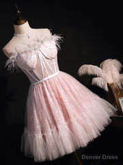 Pink Sweetheart Neck Tulle Lace Short Prom Dress, Puffy Pink Homecoming Dress