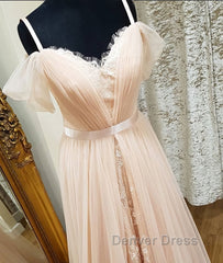 Pink sweetheart neck tulle long prom Dresses, pink evening Dresses