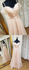 Pink sweetheart neck tulle long prom Dresses, pink evening Dresses