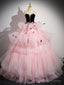 Pink Sweetheart Neck Tulle Long Prom Dresses, Pink Long Prom Gowns