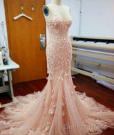 Pink Sweetheart Neck Tulle Mermaid Long Prom Dress, Wedding Dress