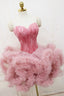 Pink Sweetheart Neck Tulle Prom Dress, A Line Short Prom Dresses with Feather