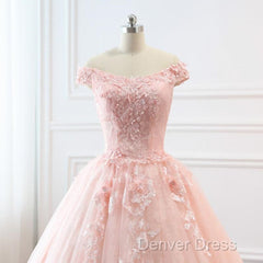 Pink Sweetheart Off Shoulder With Lace Long Sweet 16 Dresses, Pink Formal Dresses