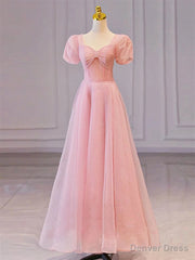 Pink Sweetheart Short Sleeves Long A-line Prom Dress, Pink Evening Gowns